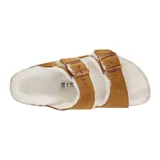 Sandalias Birkenstock Arizona con forro de piel de oveja, color marrón y hebillas de metal.