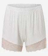 Conjunto de pijama femenino confeccionado en malla de viscosa y elastano, modelo short doll americano, compuesto por una camisa abotonada con solapa y un short con cintura elástica. Presenta un estampado de lunares y detalles de encaje en las mangas y el ruedo del short.