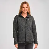 Campera polar de mujer marca CAT, color gris jaspeado, con cierre frontal, cuello alto y bolsillos laterales con cierre.