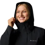 Campera impermeable y transpirable Columbia Earth Explorer II para mujer, color negro, con capucha ajustable, dobladillo y puños con cordón de ajuste, costuras totalmente selladas, ventilación en las axilas, bolsillos con cremallera y dobladillo en cola.