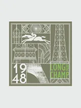 Pañuelo de seda Longchamp modelo Torre Eiffel 1948, color verde con estampado geométrico en blanco y detalles en verde claro.