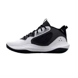 Championes de básquet Under Armour Lockdown 6, color blanco con detalles en negro y suela con diseño abstracto en blanco y negro.