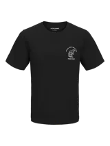 Camiseta negra de manga corta y cuello redondo con estampado en el pecho que dice "Wood Fired Since 1993 Pizza House".