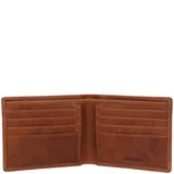 Billetera de cuero marrón con costuras al tono y logo de la marca grabado en la esquina inferior derecha.