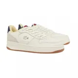 Championes urbanos Lacoste modelo L001 Set 224 2 SMA, color blanco hueso con detalles en azul marino y rojo. Presentan el logo de la marca bordado en el lateral y suela de goma color caramelo.