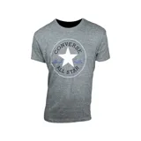 Remera gris de algodón con cuello redondo y manga corta. Estampado frontal con el logo de Converse All Star en blanco y azul.