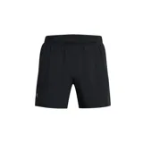 Short deportivo Under Armour Launch de 5 pulgadas para hombre, color negro con logo reflectivo en la pierna izquierda. Confeccionado en tejido ligero y elástico con forro interior de malla, cintura elástica con cordón, paneles de ventilación y bolsillos laterales.