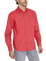 Camisa casual de hombre RKF Galiton, color amarillo claro, de manga larga ajustable con botones de madera. Confeccionada en popelina 100% algodón orgánico, con bolsillo de pecho con logo bordado y protección UV 20+.