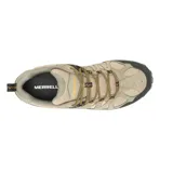 Sneaker de senderismo Merrell Accentor 3 WP, color beige con detalles en negro y cordones bicolores. Capellada de ante y malla impermeable, puntera reforzada, forro de malla reciclada, plantilla de EVA removible, entresuela de EVA ligera, amortiguación Merrell Air Cushion y suela de goma con tracción.