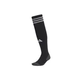 Medias de fútbol Adidas negras con tres rayas horizontales grises en la parte superior y logo de la marca en el frente.