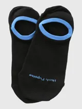 Calcetín invisible de hombre, color negro, con borde superior ribeteado en azul claro.