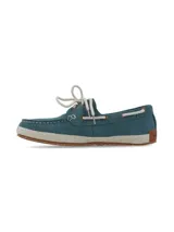Mocasines náuticos de cuero azul marino con cordones marrones, ojales metálicos y suela de yute.