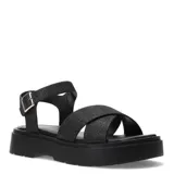 Sandalias negras con plataforma, tiras cruzadas con glitter y hebilla lateral.