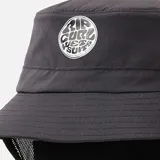 Sombrero negro tipo bucket con ala ancha, protección para el cuello y logo de Rip Curl estampado en el frente.