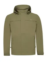 Campera impermeable verde oliva con capucha desmontable, cierre frontal con broches y bolsillos laterales con cierre.