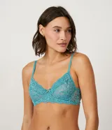 Soutien de encaje floral color verde agua, sin relleno y con aro.
