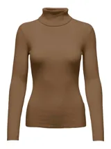 Camiseta de cuello alto de punto acanalado, color tostado, con manga larga y ajuste ceñido.