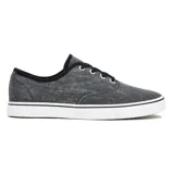 Zapatillas urbanas grises con cordones negros, suela blanca con línea negra y cuello acolchado.