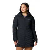 Campera Columbia Joy Peak II Mid para mujer, color negro, con capucha y largo hasta la mitad del muslo. Cuenta con forro termorreflectivo Omni-Heat™ Infinity, tecnología Omni-Shield™ que repele la humedad y aislamiento Thermarator™ de poliéster reciclado.