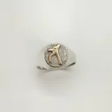 Anillo de plata con aplique circular de oro con el símbolo de Educación Física.