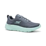 Championes deportivos Skechers Go Walk Flex color gris con suela verde agua. Capellada de malla transpirable, amortiguación Ultra Go y plantilla Air Cooled Goga Mat.
