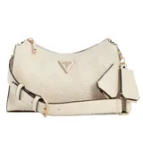 Bandolera Guess color crema con estampado de flores en relieve, correa de hombro ajustable y charm colgante.
