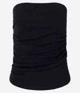 Blusa sin breteles negra de rib con textura ligera y fruncido lateral.