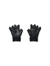 Guantes de entrenamiento Under Armour negros con logo gris en el dorso, sin dedos y con muñequera ajustable.