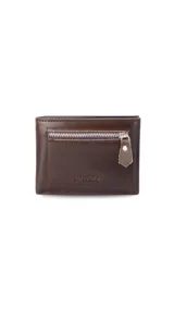 Billetera gris de cuero con bolsillo frontal con cierre metálico. Interior con visor, tarjeteros, doble compartimento para billetes y un compartimento con cierre en la parte posterior interna.
