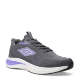 Championes Umbro modelo Vega, color gris con detalles en violeta. Presentan capellada de malla transpirable, cordones, y suela blanca con un inserto violeta en la parte trasera.