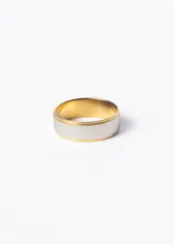 Anillo tipo alianza de acero quirúrgico hipoalergénico con acabado satinado color plateado y bordes dorados.