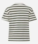 Remera de algodón a rayas horizontales azules y blancas, de manga corta y cuello redondo.