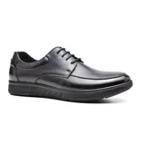 Zapato casual de cuero negro con cordones, suela de goma y puntera cuadrada.