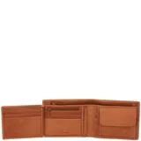 Billetera de cuero color caramelo con costuras a la vista y logo de la marca grabado en la parte inferior.