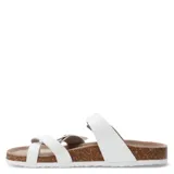 Sandalias Birkenstock de cuero sintético color blanco, con hebillas ajustables y plantilla anatómica.