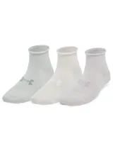 Pack de tres pares de medias Under Armour Essential, de corte tobillero, color blanco con detalles en lila y logo de la marca.