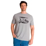 Remera gris con estampa de un vehículo antiguo y el número 77.