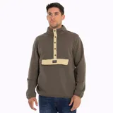 Buzo marrón con cuello alto con botones, tapeta color beige y bolsillo tipo canguro con etiqueta de la marca.