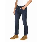 Jeans azul oscuro de corte slim, con tecnología Coolmax para confort térmico y elasticidad.