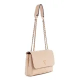 Cartera Guess modelo Tali Chica, color beige con diseño acolchado. Tiene correa de cadena dorada y asa de cuero. El interior cuenta con un bolsillo con cremallera y seis ranuras para tarjetas.