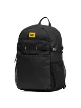 Mochila unisex Caterpillar (CAT) color negro, con compartimento principal acolchado para laptop de 15 pulgadas, bolsillo frontal con cierre, bolsillos laterales de malla y correas de compresión laterales. Presenta el logo CAT en amarillo en la parte superior frontal.