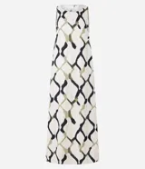 Vestido midi evasé sin mangas, confeccionado en viscolino con 30% de lino. Presenta un estampado abstracto con formas irregulares en tonos degradé.