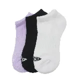 Pack de tres pares de medias tobilleras deportivas, una lila, una negra y una blanca, con logo en el tobillo.