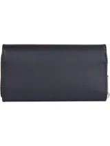 Billetera grande Tommy Hilfiger City, color negro, con cierre de solapa y cremallera. Incluye múltiples ranuras interiores para tarjetas y logo TH dorado en relieve.