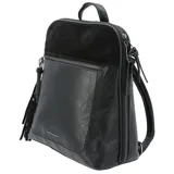 Mochila negra de ecocuero con aplique de gamuza en la parte superior. Tiene un compartimento principal con cierre de cremallera, bolsillos frontal y trasero con cierre, bolsillo interior con cierre y correas ajustables.