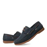 Zapato náutico azul marino con detalles en cuero marrón y cordones marrones.