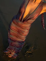 Vestido largo con estampado abstracto en tonos rojizos y celestes, escote drapeado profundo y tirantes finos.