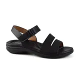 Sandalias bajas negras de Korium con dos tiras anchas sobre el empeine y tira ajustable en el tobillo.