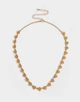 Collar corto dorado con dije de girasoles bañado en oro, con cadena de eslabones y cierre de mosquetón con cadena de alargue.