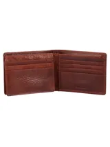 Billetera de cuero color marrón con costuras en contraste.